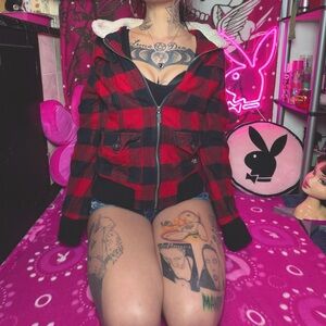 Fox Racing Y2k Red Black Plaid Sherpa Lined Hoodie Jacket Size Large